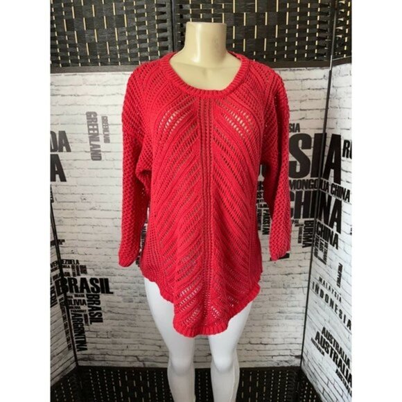 Chelsea & Theodore XXL Red Open Knit Crew Neck 3/4 Sleeve Sweater - Picture 1 of 6